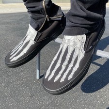 Vans Slip On Shoes Skeleton Feet Halloween Theme All Black Custom Shoes picture