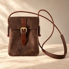 VINTAGE HANDMADE LEATHER CROSSBODY BAG SMALL BROWN PHONE PURSE BUCKLE SHOULDER picture