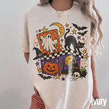 Vintage Halloween Comfort Color Shirt, Black Cat Skull Graphic Tee Spooky picture