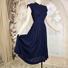 Vintage 1940's 50s Dress Fit and Flare Navy Blue  Pleated Top Cap Sleeve picture