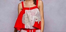 POL Red Crochet Patchwork Tank Top Boho Doily Applique M NWOT picture