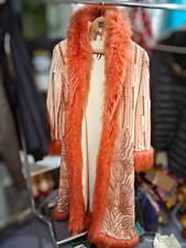 BCBG Max Azria Beige Sequin Overcoat Orange Faux Fur Trim Lined M/L picture