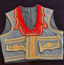 Vintage Ottoman Balkan Folk Vest Jelek w/ Red Collar & Metallic Threads  B230 picture
