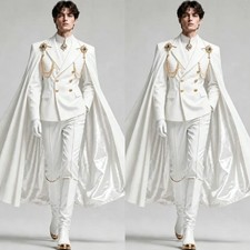 3 Pcs Men White Royal Military Suit with Cape Jacket Wedding Groom Party Outfit picture