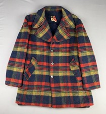 60s VINTAGE Sportswear Wool Plaid Pea Coat Overcoat Size Medium Heavy Multicolor picture