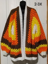 Handmade Crochet Hexagon Cardigan Sweater Halloween Fall Colors Candy Corn Sz 2X picture
