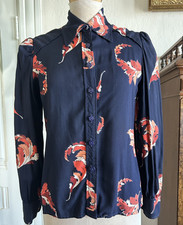 Vintage 1970s Womens Novelty Print Blouse Navy Blue Orange Button Up Shirt S M picture