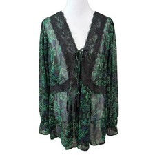 Torrid Sheer Babydoll Top 1X Green Black Chiffon Whimsigoth Witchy Forest Fairy picture
