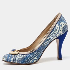 Etro BlueWhite Paisley Print Coated Canvas Embellished Pumps Size 37.5 picture