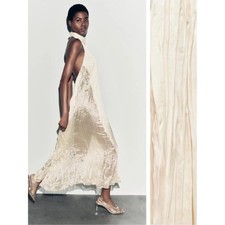 Zara Light Beige Cream Pleated Halter Neck Dress Size M-L NWT picture