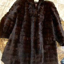 Women's Brown Mink Fur Coat, Mid-Length Button Front Collared, Long Sleeve, L picture