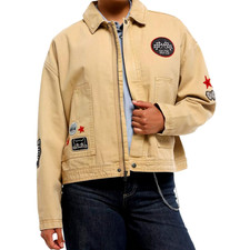 Social Collision Girls Workwear Jacket Size L Brown Patch Zip 100% Cotton Lined picture