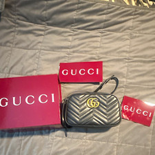 Gucci GG Marmont Black Chevron Quilted Zip Crossbody Bag Gold Hardware & Box picture