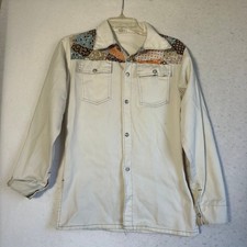 Vintage Western Patchwork Denim Shirt Jacket Off White Twill Snap Front Small picture