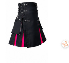 Men's Black Utility Kilt with Pink Pleats, Gothic Punk Scottish Apparel picture