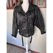 Winlit Vintage 80s Black Leather Batwing Sleeve Jacket XS Slouchy Biker Bomber picture