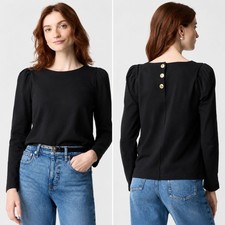 NWT J.Crew Puff Sleeve Button Back Long Sleeve Top Black Cotton Size XS CA965 picture