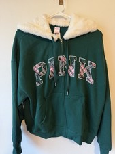 PINK Victoria’s Secret Green Plaid Pink Fur Full Zip Hoodie M NWT picture