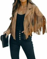 Women's Chic Cropped Tassel Fringe Faux Suede Moto Jacket - Chartou picture