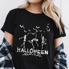 Minimalist Dancing Skeleton Halloween Shirt Spooky Dance Bats Graphic Tee picture