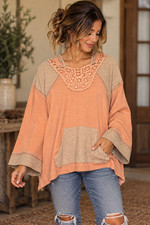 POL Size M Oversized Blouse Top Hooded Orange Ribbed Lace Boxy Boho Boutique picture