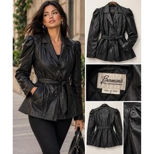 Berman's Vintage Black Leather Belted Puff Shoulder Jacket Coat Size 8 8064 picture