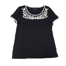Talbots Womens Black Cotton Floral Embroidered Scoop Neck Tee Shirt Large NWT picture