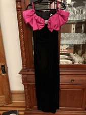 Dramatic Black Velvet With Hot Pink Bow Dress Vintage 90’s Size S picture