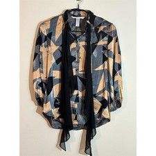 Diane von Furstenberg Blouse Womens Size 8 Blue Geometric Tie-Neck Top picture