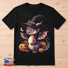 Cute Fantasy Dragon Witch Hat Moon Pumpkin Halloween T-Shirt picture