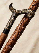 Vintage Brass Handle Wooden Walking Stick – Solid Wood Cane, Antique Style picture