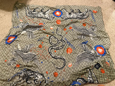 Gucci GG Logo Tiger Animal Print Wool Silk Fringe Wrap Scarf Gray 180x70 picture