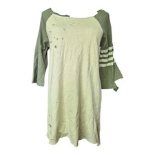 POL Distressed Oversized Tunic Top Small Cream Green Grunge Raw Hem Boho S picture