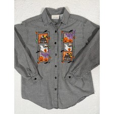 Vintage Casey & Max Halloween Shirt Gingham Embroidered Ghost Pumpkin Button Up picture