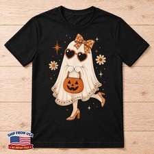 Retro Boho Floral Cute Ghost Halloween Women Girls T-Shirt picture