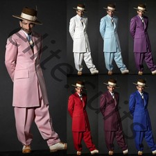 British Men's Zoot Suit Wedding Groom Tuxedo Evening Party Prom Long Coat Pant picture