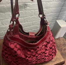 Coach Red Monogram Signature Jacquard Leather Trim Shoulder Bag, Silver HW picture