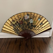 Vintage Large Chinese Folding Wall Art Fan Birds Floral Hand Painted 40