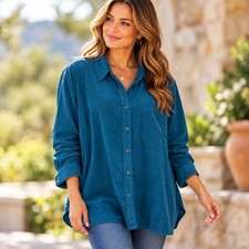 New Talbots Plus Teal Blue Corduroy Button Down Shirt 100% Cotton Women 3X picture