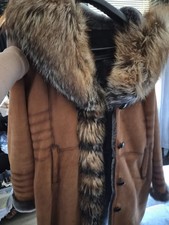 DaRucci NYC Women's Brown Leather Shearling Coat Fur Trim Hood Button Lined L picture