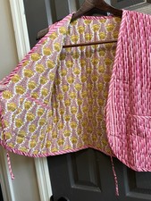 Reversible Indian Block Print Quilted Vest Pink Yellow Floral Kantha Boho M/L picture