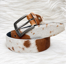 Genuine Cowhide Hair-On Leather Belt – Brown & White Unisex Leather Belt picture