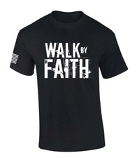 Mens Christian Shirt Distressed Walk By Faith Not By Sight Scripture American picture