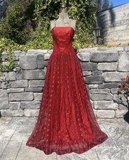 Vintage 50s / 60s Crimson Red Strapless Tulle Ball Gown Formal Evening wear picture