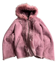 00s Luxury Pink Shearling Sheepskin Jacket Hooded Fur Coat Women's Y2K Winter picture