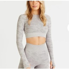 AYBL Camo Long Sleeve Crop Top Women XS Grey NWOT Seamless Thumbholes picture