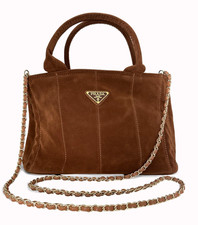 Vintage PRADA Milano Brown Sienna Suede Tote Handbag Triangle Logo Made in Italy picture