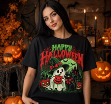 Halloween Ghost, Cute Pumpkin Witch Black Unisex T-Shirt S-5XL picture