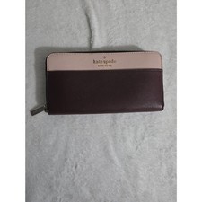 Kate Spade New York Two Tone Burgundy Blush Pink Leather Zip Around Wallet picture