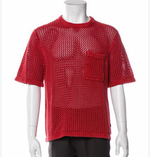 Stüssy Men's Red Open-Knit Cotton Short Sleeve Crew Neck Sweater Pocket Sz S picture